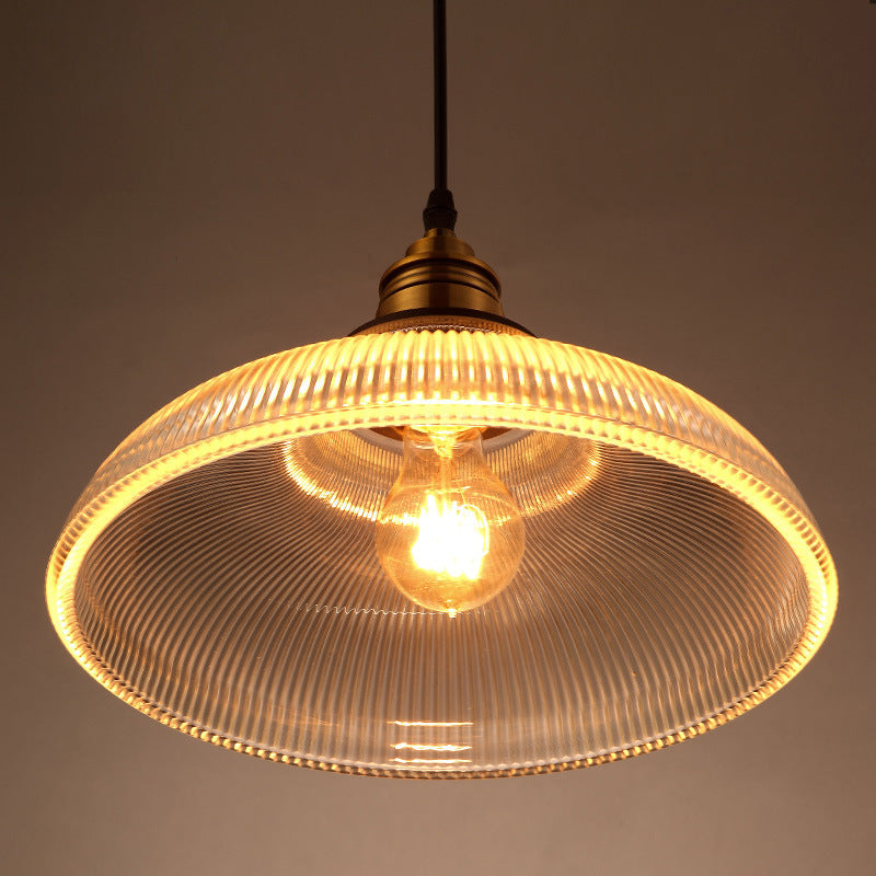 Glass Dome Pendant Light with Metal Frame for Dining Room & Bedroom – E27 Socket Industrial Style Hanging Fixture Clear or Amber Shade
