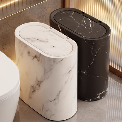 Waste Basket with Hinged Lid for Small Spaces – Oval Desktop Garbage Can for Bathroom, Bedroom, Office & Vanity