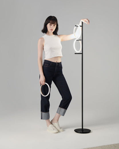 Triple-Ring LED Floor Lamp with Dimmer – 66" Tall Standing Light for Bedroom & Living Areas – Gold Metal Reading Lamp
