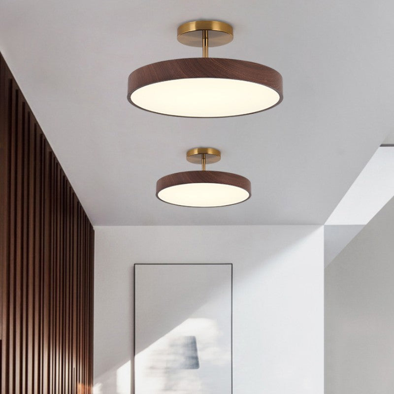 Round Iron Ceiling Light with Wood Grain Finish - Integrated LED Semi-Flush for Bedroom, Living Room & Hallway