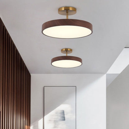 Round Iron Ceiling Light with Wood Grain Finish - Integrated LED Semi-Flush for Bedroom, Living Room & Hallway