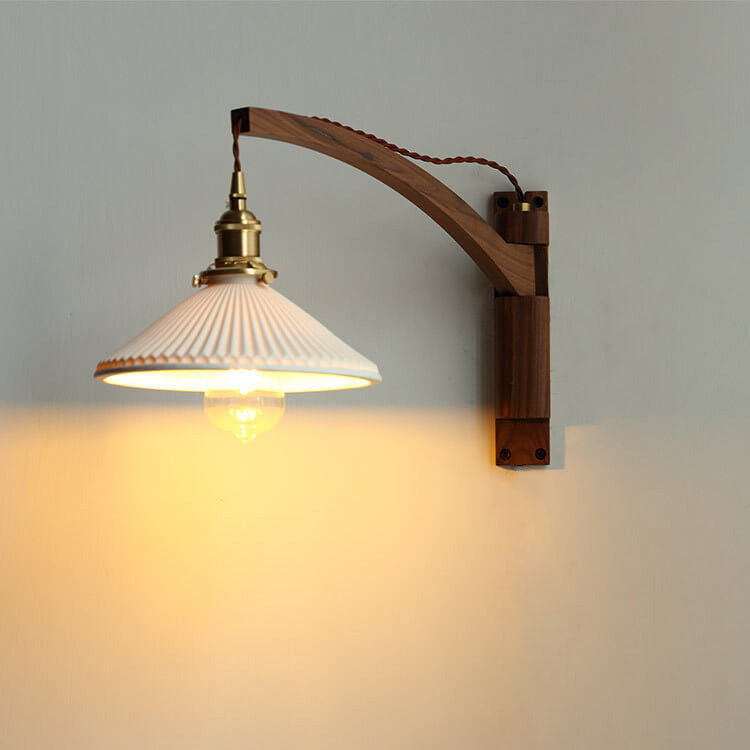 Extending Wall Sconce with Ribbed Glass Shade and Wood Arm for Bedroom, Living Room & Hallway Reading Light
