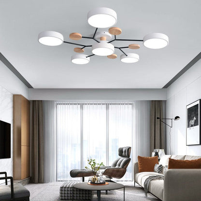 Scandinavian Ceiling Light Fixture 35 in Dimmable LED Flush Mount Wood Iron Acrylic for Bedroom Living Room Kitchen Dining Room Modern Minim