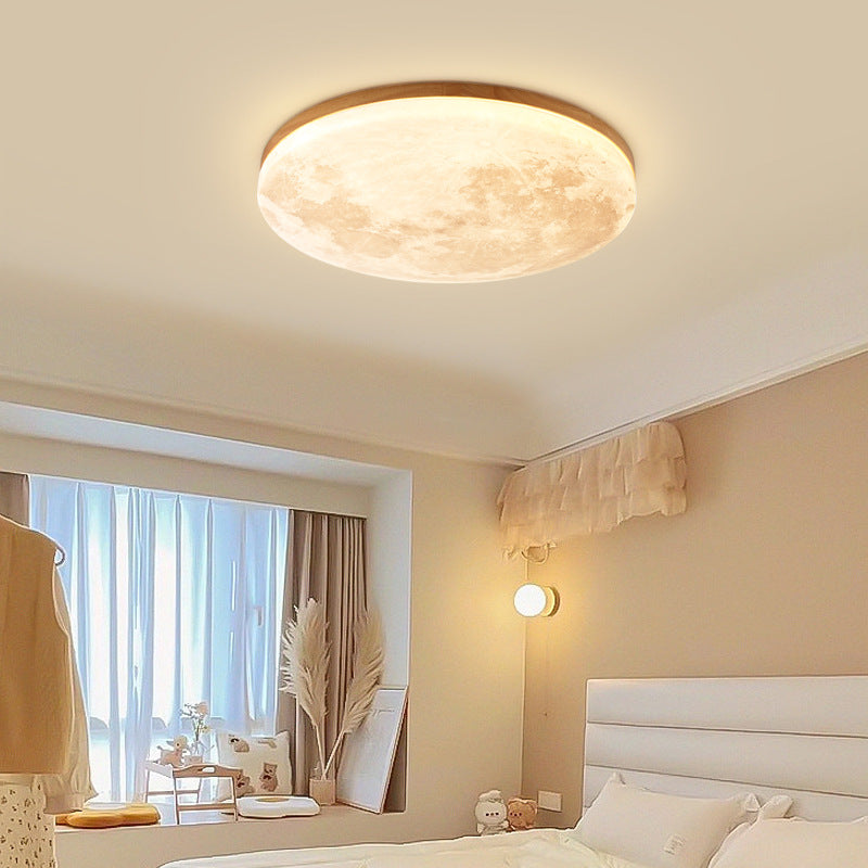 Circular LED Flush Mount Ceiling Light Wood Trim Acrylic Diffuser Hardwired Low Profile for Bedroom Hallway Kitchen Dining Room Entryway