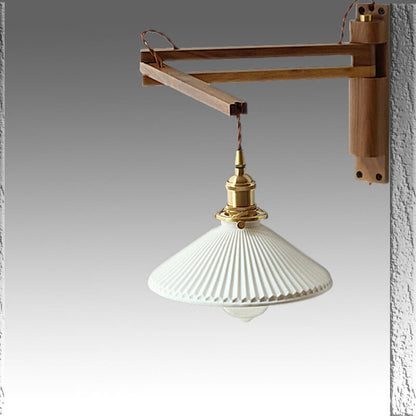 Extending Wall Sconce with Ribbed Glass Shade and Wood Arm for Bedroom, Living Room & Hallway Reading Light