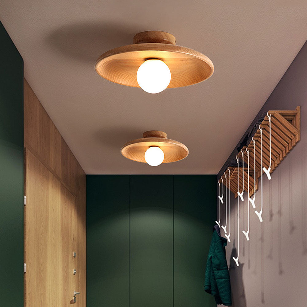 Lámpara de techo empotrada de madera con forma de esfera, perfil bajo de 6 pulgadas de altura, luz cálida para dormitorios, entradas y espacios compactos, estilo minimalista moderno Natura