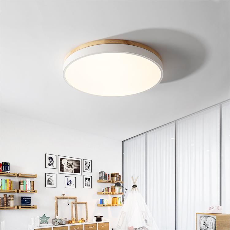 Round Wood Flush Mount LED Ceiling Light 3-Color Dimmable Scandinavian Style for Living Room Bedroom Kitchen