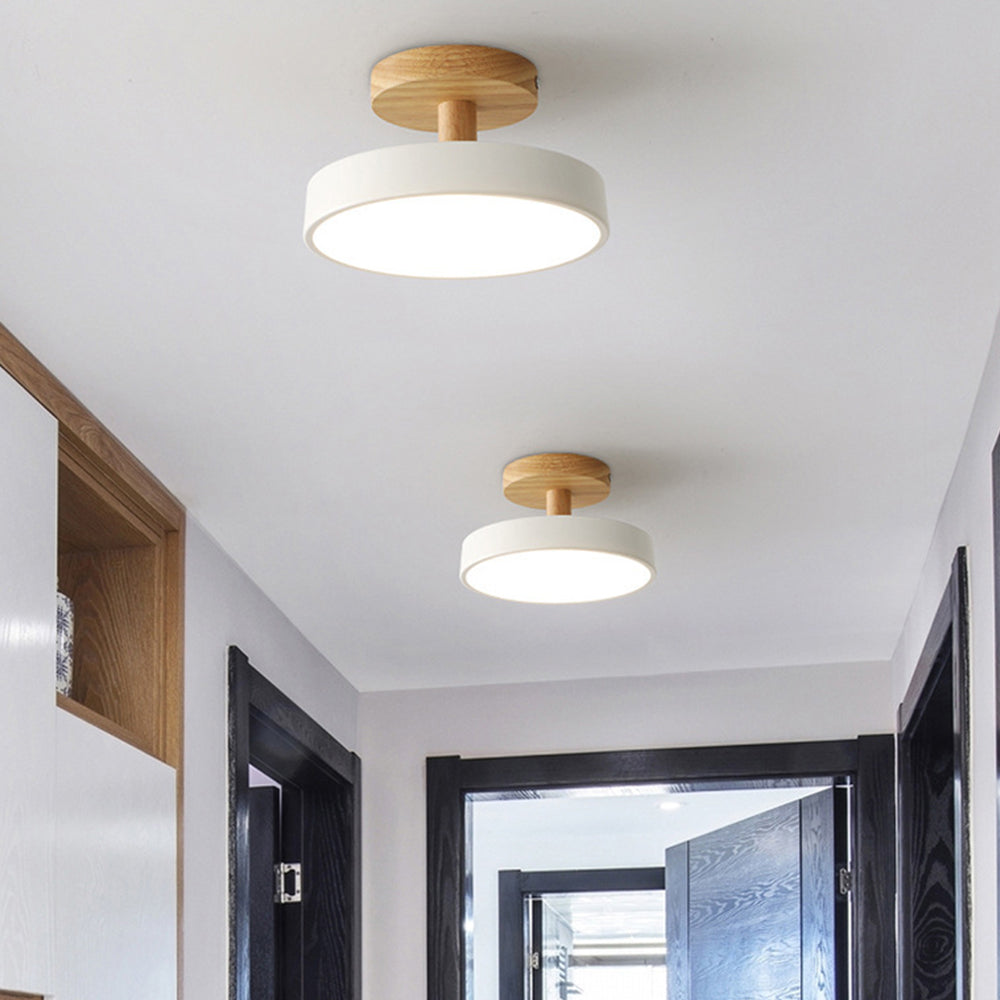 Wood & Metal Flush Mount Ceiling Light | Soft Color LED Fixture for Bedroom, Hallway & Living Room | 12W Scandinavian Style | Modern