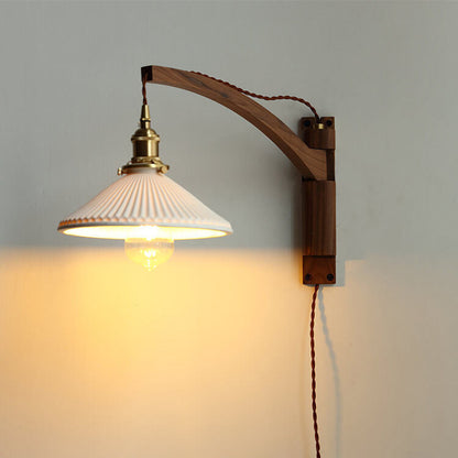 Swing-Arm Sconce with Ribbed Glass Shade 8.3 Inch Light Wood Walnut Brass Accent Fixture for Bedroom Hallway Entryway Reading Adjustable Mou