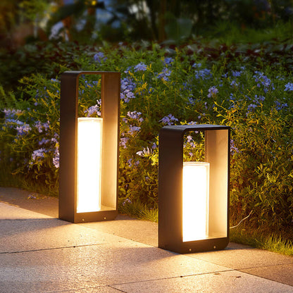 Outdoor Cube Post Light Black Steel LED Garden Pathway Stake for Yard Patio Walkway Deck Solar & Hardwired