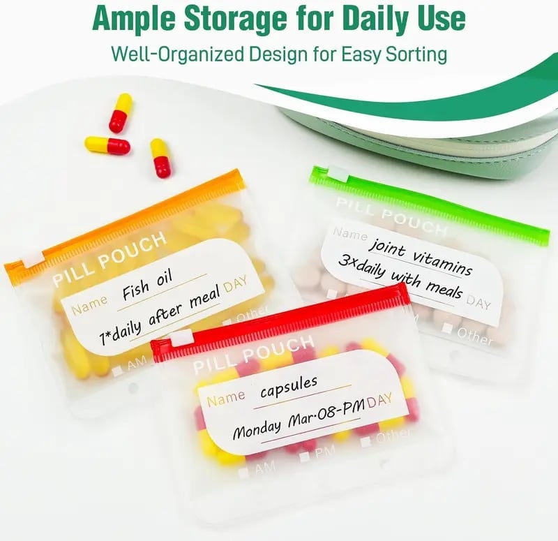 Weekly Pill Organizer Case with 14 Labeled Pouches & Zipper for Travel