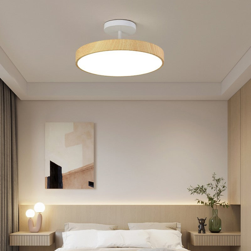 Round Iron Ceiling Light with Wood Grain Finish - Integrated LED Semi-Flush for Bedroom, Living Room & Hallway