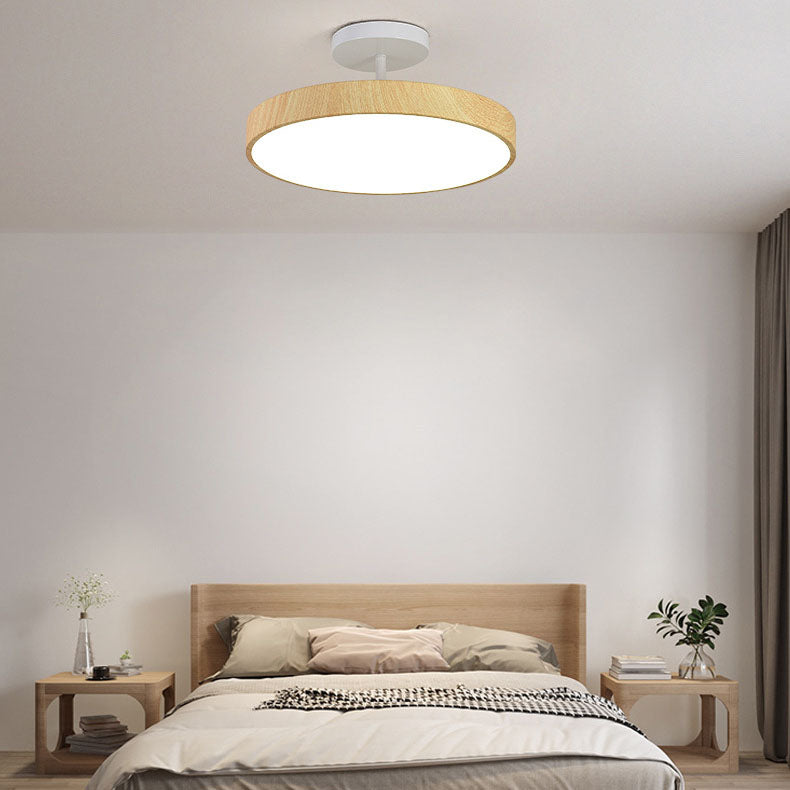Round Iron Ceiling Light with Wood Grain Finish - Integrated LED Semi-Flush for Bedroom, Living Room & Hallway