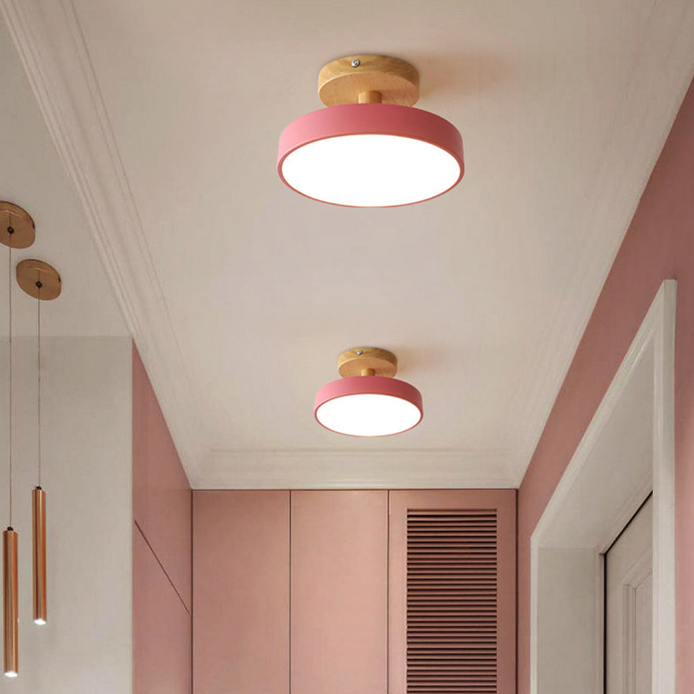 Wood & Metal Flush Mount Ceiling Light | Soft Color LED Fixture for Bedroom, Hallway & Living Room | 12W Scandinavian Style | Modern