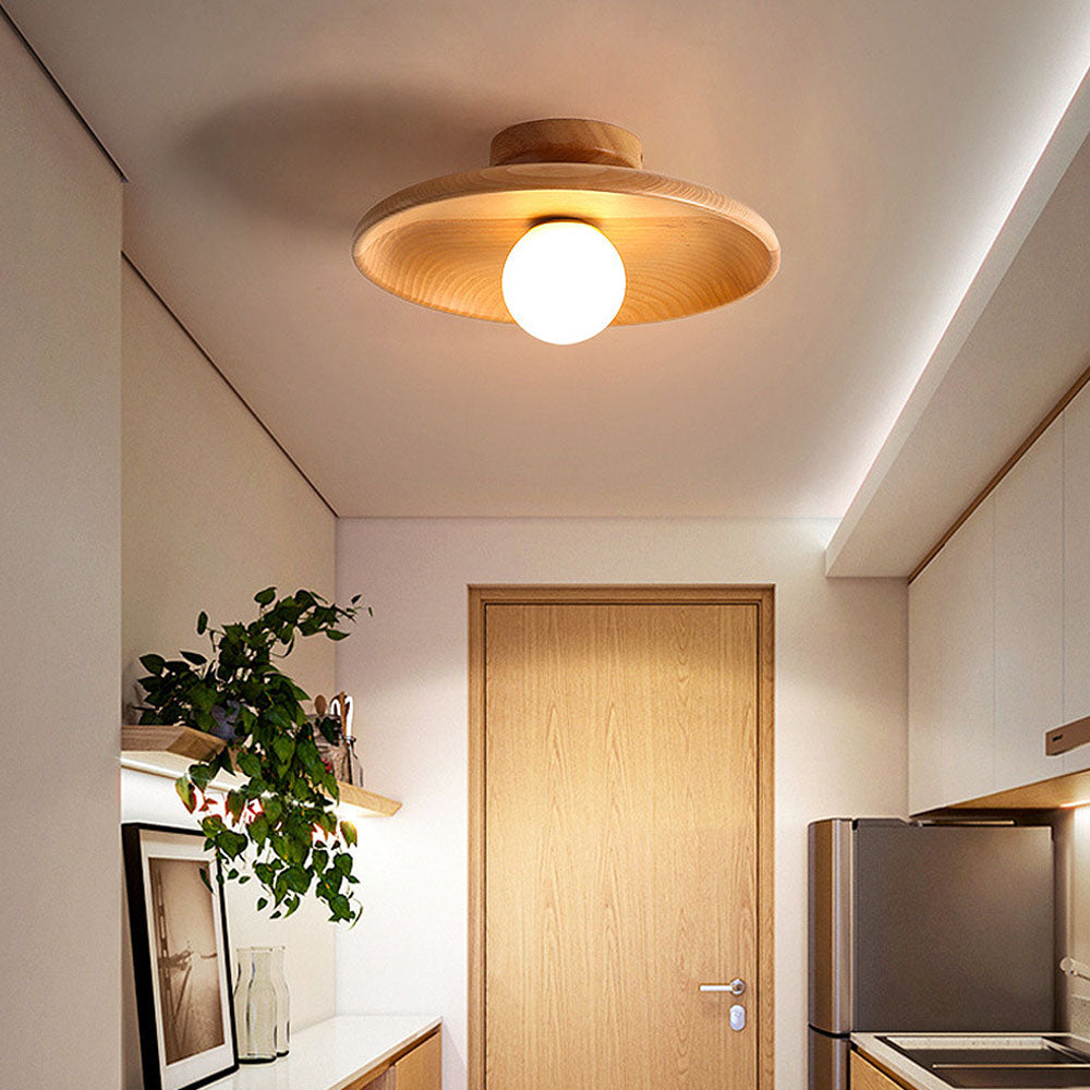 Lámpara de techo empotrada de madera con forma de esfera, perfil bajo de 6 pulgadas de altura, luz cálida para dormitorios, entradas y espacios compactos, estilo minimalista moderno Natura
