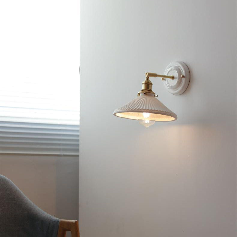 Handcrafted Porcelain Shade Brass Wall Light Fixture Single Bulb Hardwired Sconce for Bedroom Hallway Entryway Vintage Home Decor