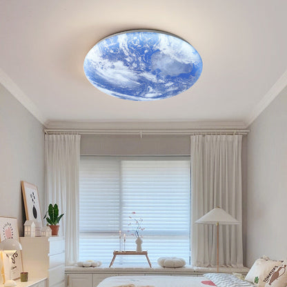 Round Flush Mount LED Ceiling Light with Lunar Surface Design Wood & Acrylic 19 in Diameter for Bedrooms Living Rooms Hallways Modern Ambien