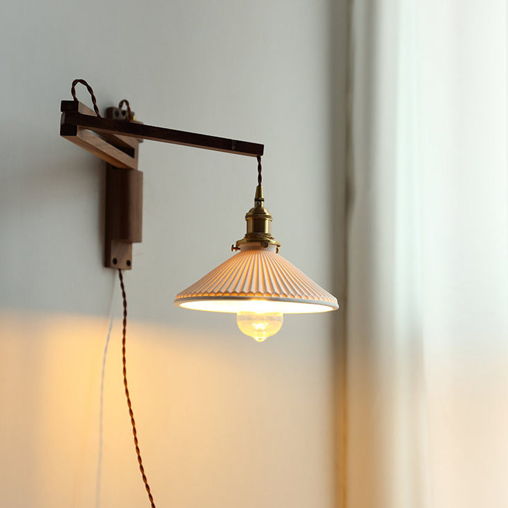 Swing Arm Ceramic Wall Sconce with Wood Bracket and Knob Switch for Bedroom Hallway Reading Nook Vintage Plug-In Lighting