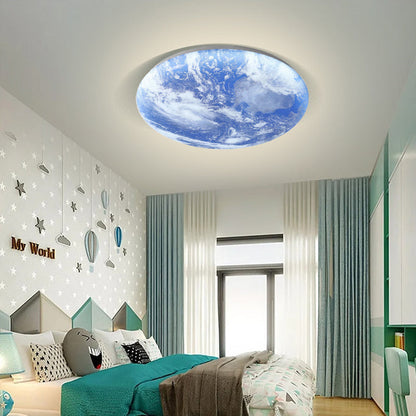 Round Flush Mount LED Fixture Moon Surface Wood & Acrylic 19 in Diameter Low Profile for Bedroom Living Room Hallway Ambient Lighting Japand