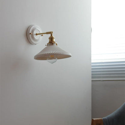 Pleated Shade Wall Sconce Lamp with Brass Arm for Bedroom Living Room & Study | Retro Japanese Style Ceramic Fixture