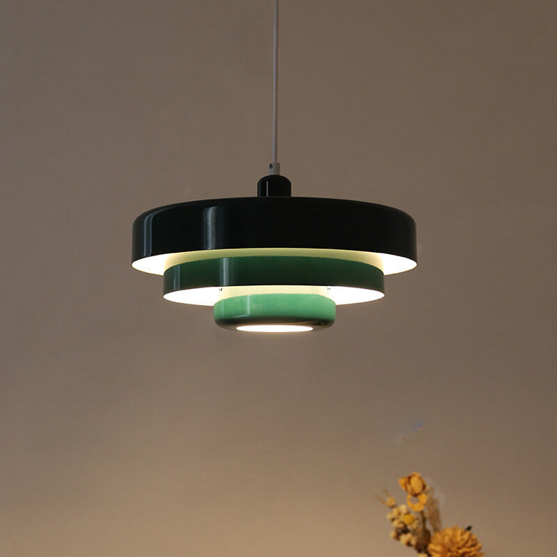 Hanging Ceiling Light Fixture for Kitchen Island Dining Room 14-Inch Round Tiered Metal Shade E26 Socket Adjustable Cord Modern Vintage Styl