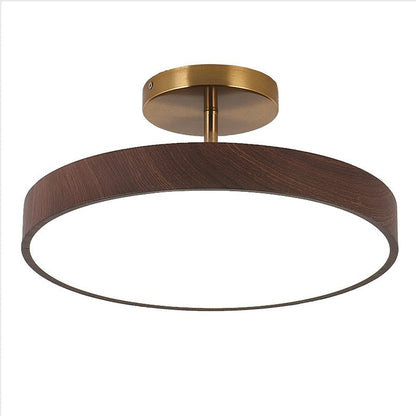 Round Iron Ceiling Light with Wood Grain Finish - Integrated LED Semi-Flush for Bedroom, Living Room & Hallway