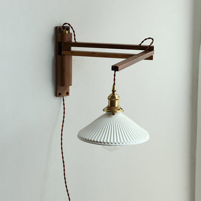 Swing Arm Ceramic Wall Sconce with Wood Bracket and Knob Switch for Bedroom Hallway Reading Nook Vintage Plug-In Lighting