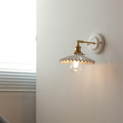 Pleated Shade Wall Sconce Lamp with Brass Arm for Bedroom Living Room & Study | Retro Japanese Style Ceramic Fixture