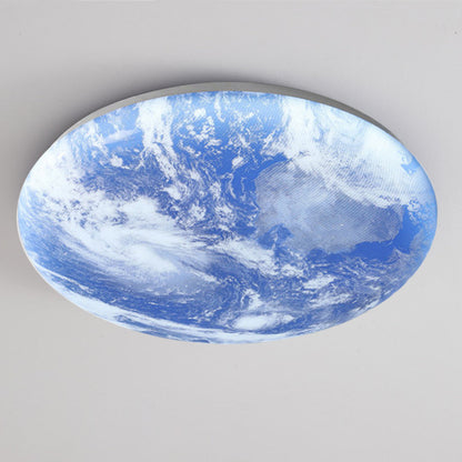 Round Flush Mount LED Fixture Moon Surface Wood & Acrylic 19 in Diameter Low Profile for Bedroom Living Room Hallway Ambient Lighting Japand