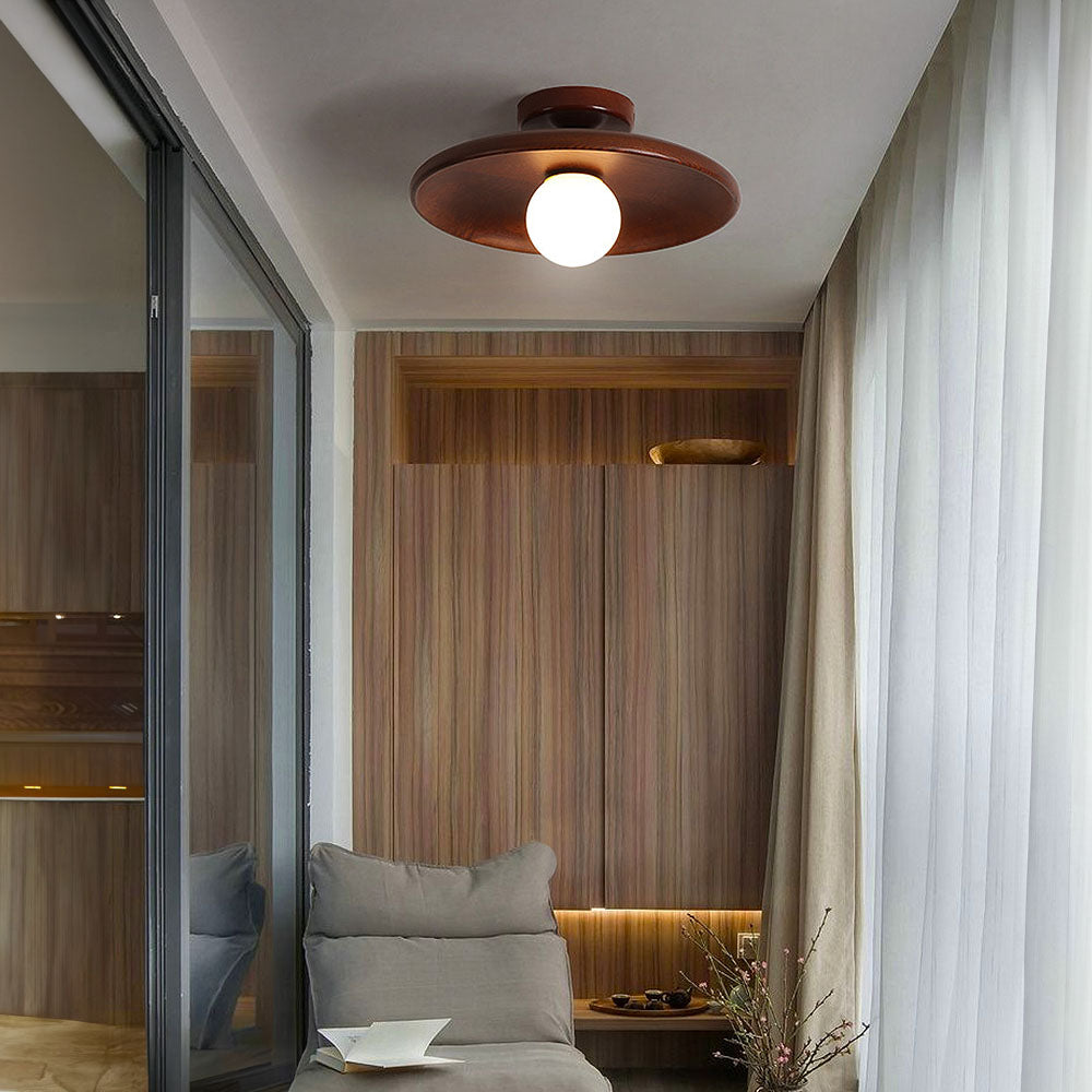 Lámpara de techo empotrada de madera con forma de esfera, perfil bajo de 6 pulgadas de altura, luz cálida para dormitorios, entradas y espacios compactos, estilo minimalista moderno Natura
