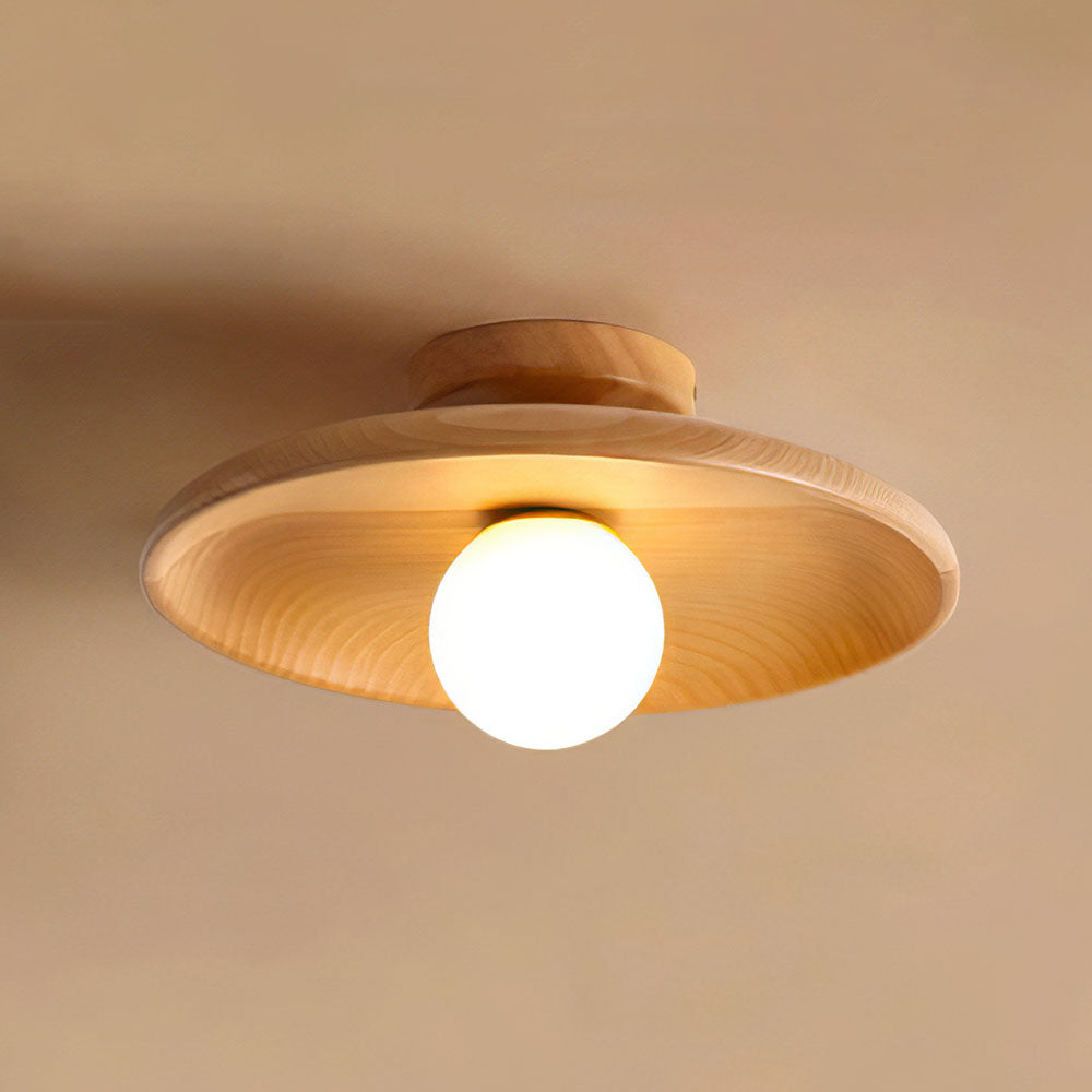 Wooden Globe LED Flush Mount Light 6 in Height Warm Glow for Bedroom Hallway Low Ceiling Compact Modern Nordic Style Natural Timber Finish A