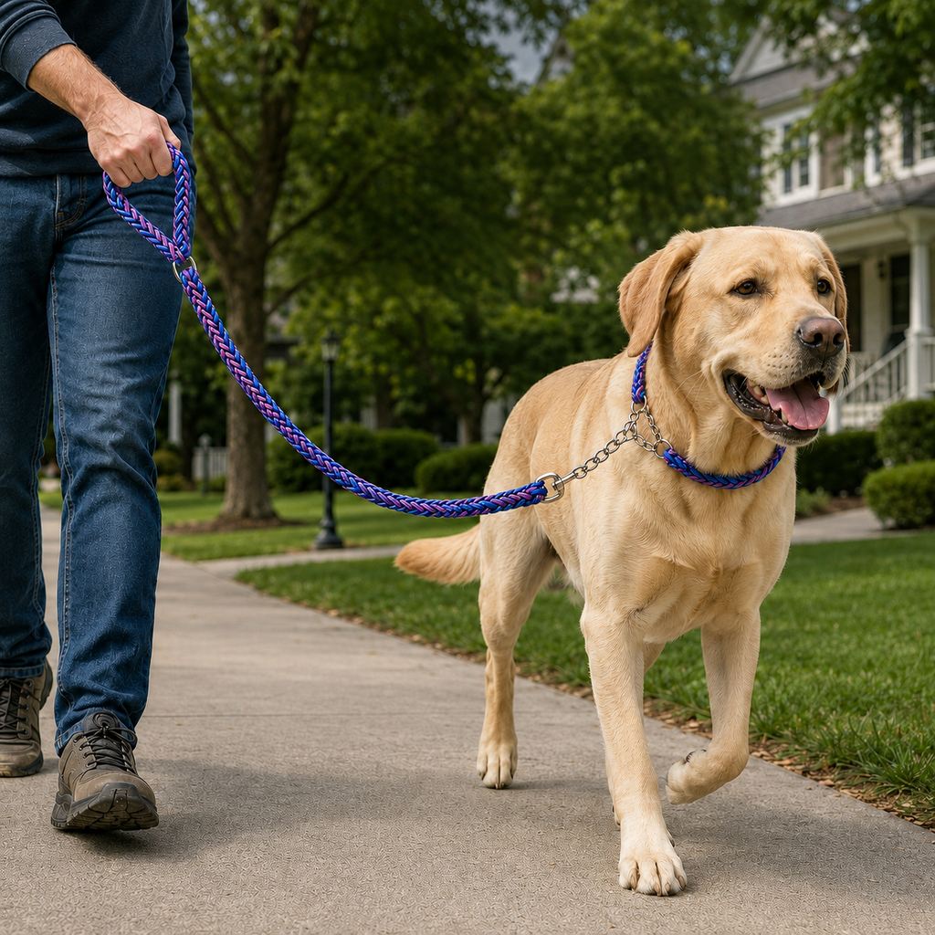 Ortekor Heavy-Duty Braided Dog Leash with Chain-Control Collar for Strong Pullers - Daily Walking & Training
