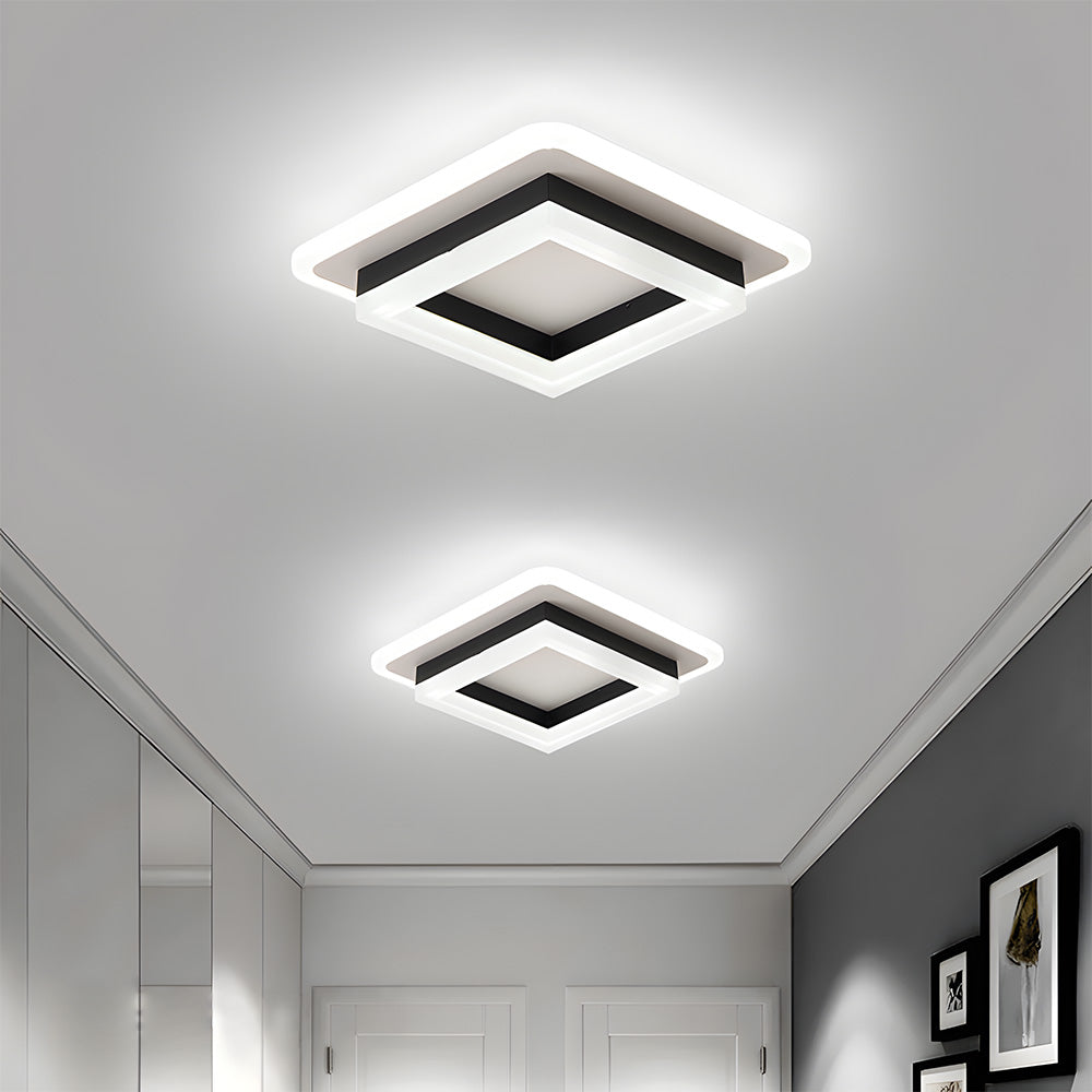 Square Flush Mount LED Ceiling Light 1920 Lumens for Bedroom Hallway Living Room Modern Geometric Low Profile Black White Layered Design Con
