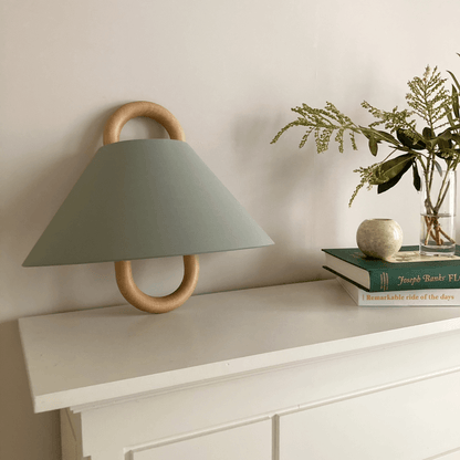 Fabric Half-Moon Wall Sconce with Natural Wood Backplate for Bedroom & Living Room
