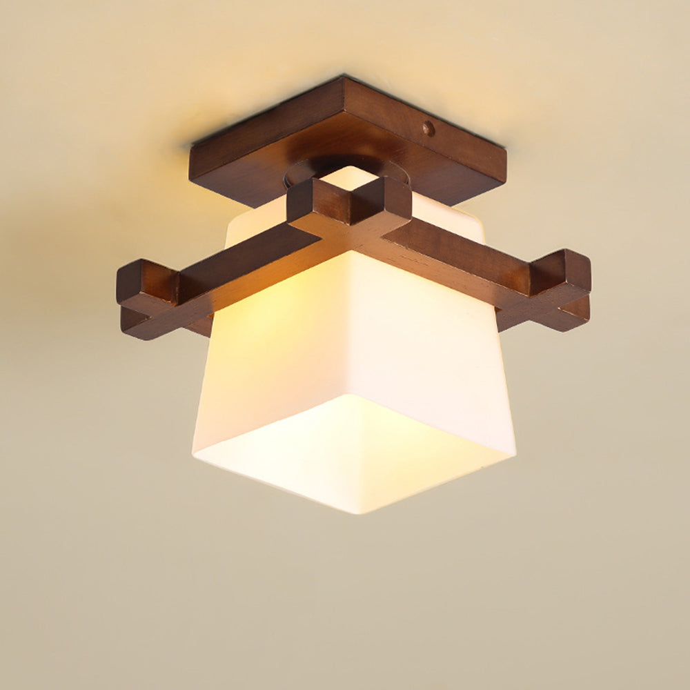 Square Flush Mount Overhead Light Fixture E27 Socket 7.9 Inch White Wood Accent for Bedroom Hallway Living Room Minimalist Scandinavian Mode