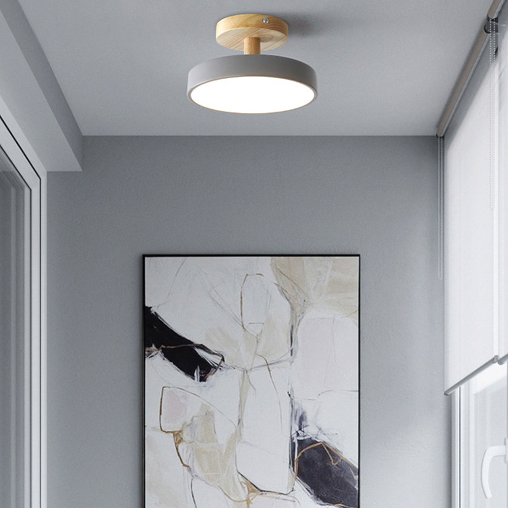 Wood & Metal Flush Mount Ceiling Light | Soft Color LED Fixture for Bedroom, Hallway & Living Room | 12W Scandinavian Style | Modern