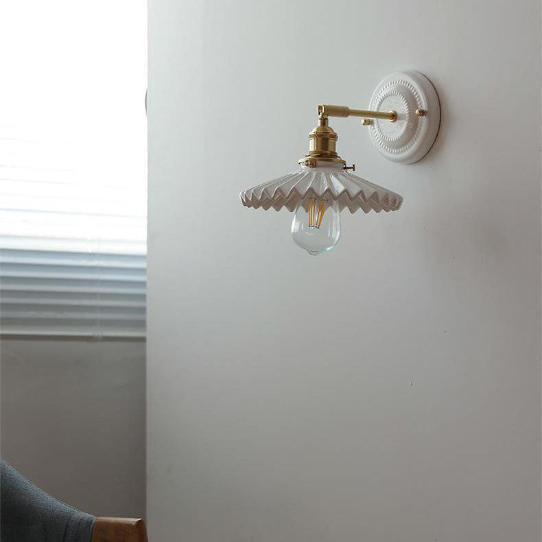 Pleated Shade Wall Sconce Lamp with Brass Arm for Bedroom Living Room & Study | Retro Japanese Style Ceramic Fixture