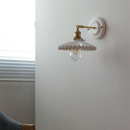 Pleated Shade Wall Sconce Lamp with Brass Arm for Bedroom Living Room & Study | Retro Japanese Style Ceramic Fixture