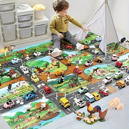 Kids Play Mat with Farm & Road Design for Toy Cars & Animals - Educational Activity Rug for Toddlers & Preschoolers