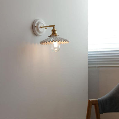 Pleated Shade Wall Sconce Lamp with Brass Arm for Bedroom Living Room & Study | Retro Japanese Style Ceramic Fixture