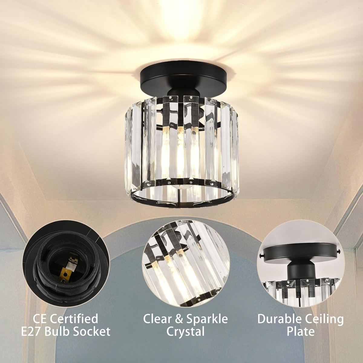 Cube Crystal Flush Mount Ceiling Light with Brass Frame 10 Inch for Bedroom Hallway Entryway Living Room Office Modern Home Lighting Fixture
