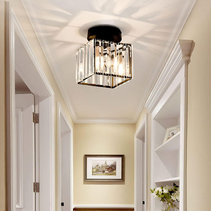 Decorative Flush Mount Light Fixture with Glass Cube and Metal Accents E27 Socket for Entryway Bedroom Small Room Ambient Overhead Lighting