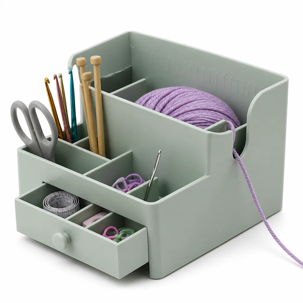 Organizador de hilo modular con guía integrada y compartimentos para herramientas