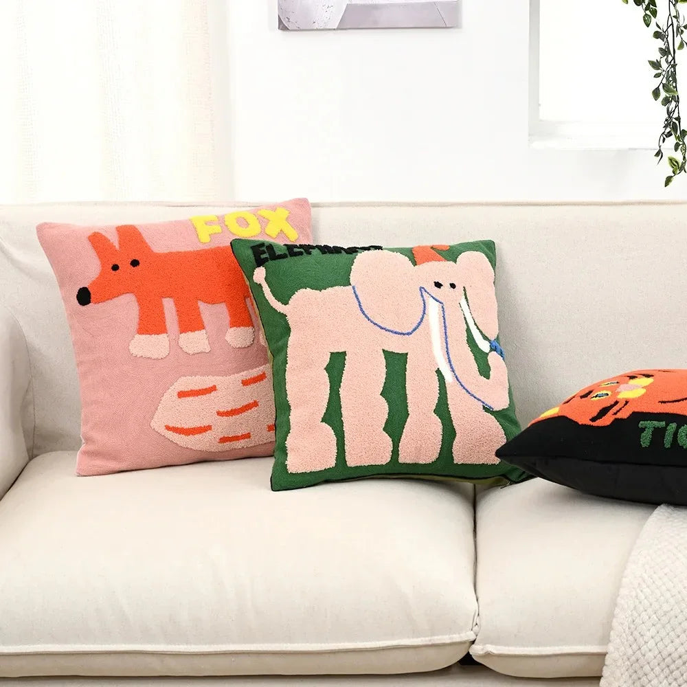 Embroidered Throw Pillow Cover 18x18 Inch Square Animal Motif Scandinavian Style Cotton Poly Blend Slipcase Sofa Bedroom Decor Couch Accent