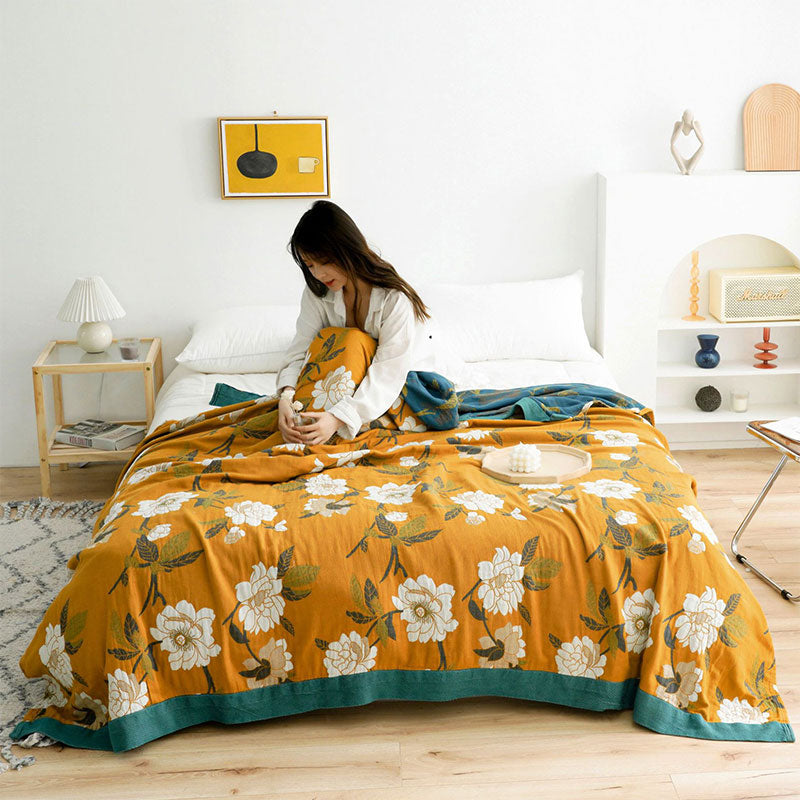 Edredón de algodón reversible y acogedor con diseño floral bohemio en amarillo | Suave y duradero para disfrutar todo el año