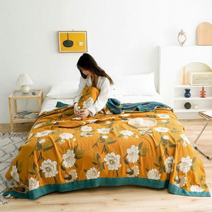 Edredón de algodón reversible y acogedor con diseño floral bohemio en amarillo | Suave y duradero para disfrutar todo el año