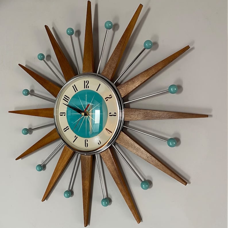 Handcrafted Sunburst Wall Clock Mid-Century Modern Design 16 Inch Silent Battery Operated Decorative Timepiece for Living Room Bedroom