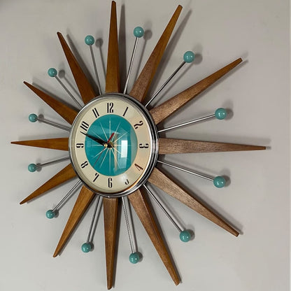 Handcrafted Sunburst Wall Clock Mid-Century Modern Design 16 Inch Silent Battery Operated Decorative Timepiece for Living Room Bedroom