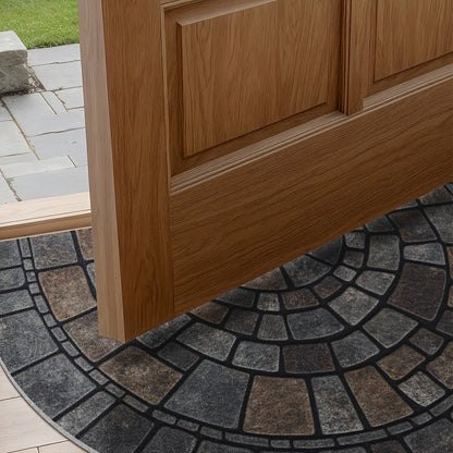 Semicircular Entryway Mat with Cobblestone Pattern for Indoor Outdoor Front Door Patio Garden Non-Slip Polyester Rug