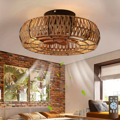 Handwoven Rattan Ceiling Fan with Integrated Light – Zen Style for Living Room, Bedroom & Dining Room